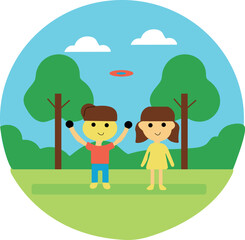 Happy family with kids playing on the grass in a summer park art and Illustration