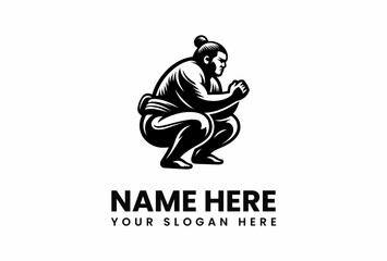 Monochrome Sumo Wrestler in Squatting Position with Hands Clasped.