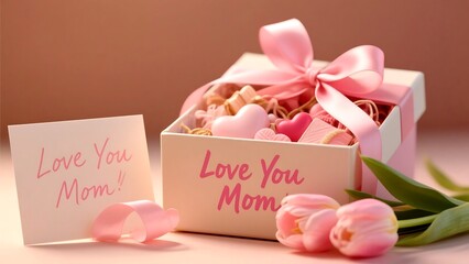 A sweet gift for mom features pink tulips, a ribbontied box filled with hearts, and a loving message on a card