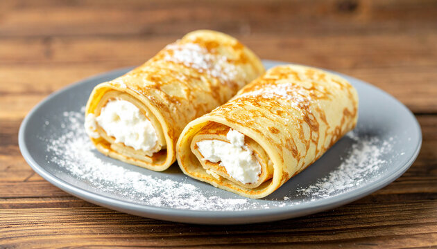 Delicious rolled pancakes filled with creamy goodness on plate. Tasty food.