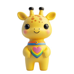 Naklejka premium A cheerful cartoon giraffe with a rainbow heart, embodying joy and inclusivity. Isolated on transparent white background, png 