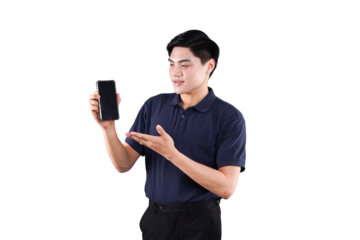 Tech Demonstration: A young, Asian man showcases a cutting-edge smartphone, demonstrating its sleek design and interactive user interface with enthusiastic confidence.