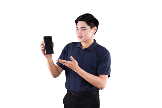 Tech Demonstration: A young, Asian man showcases a cutting-edge smartphone, demonstrating its sleek design and interactive user interface with enthusiastic confidence.