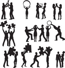 Diverse business team collaborating effectively working together on a project depicted as a cohesive silhouette against a plain background