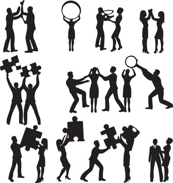 Diverse business team collaborating effectively working together on a project depicted as a cohesive silhouette against a plain background