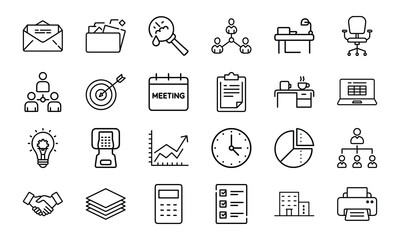 Office and Business Icon Bundle 24 Line Style Work Icons Office Tools, Meeting, Chart, Communication, Desk, Team, Planning Icons 