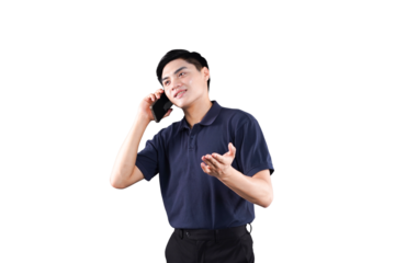Person Engaged in Phone Conversation: A young adult man with a thoughtful expression, engaged in a phone conversation. He gestures expressively with one hand. The image captures a candid moment.