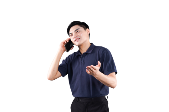 Person Engaged in Phone Conversation: A young adult man with a thoughtful expression, engaged in a phone conversation. He gestures expressively with one hand. The image captures a candid moment.