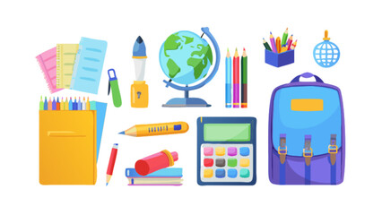 Back to school supplies vector illustration featuring backpack globe calculator and stationery items for students