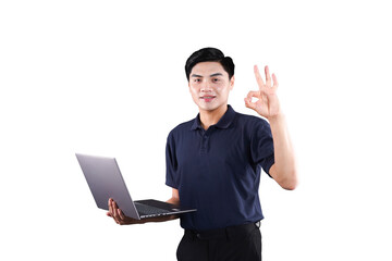 Confident Technician: A skilled technician confidently holds a laptop, signaling a perfect 'OK' gesture, demonstrating expertise in modern technology.