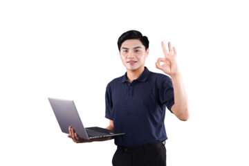 Confident Technician: A skilled technician confidently holds a laptop, signaling a perfect 'OK' gesture, demonstrating expertise in modern technology.
