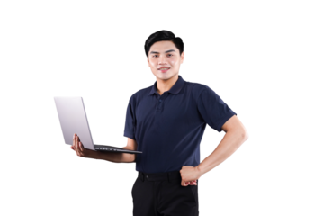 Young Man Holding Laptop: A young, confident individual stands holding a laptop, radiating a sense of readiness and approachability