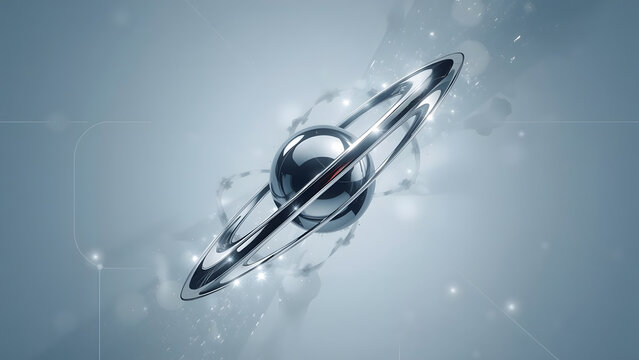 Abstract sci-fi sphere surrounded by rotating metal loops, ideal for science, AI, engineering, or digital future themes.
