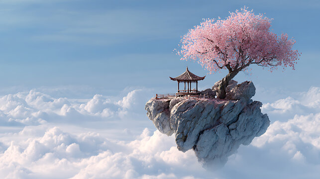 Ethereal floating island with blooming cherry blossom tree and ancient pavilion amidst soft clouds