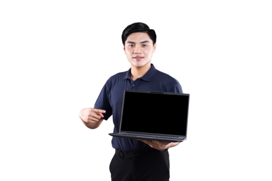 Laptop Presentation: An asian man in casual business attire presents a laptop, the blank screen offering a versatile space for various applications. It's a versatile tool for showcasing.