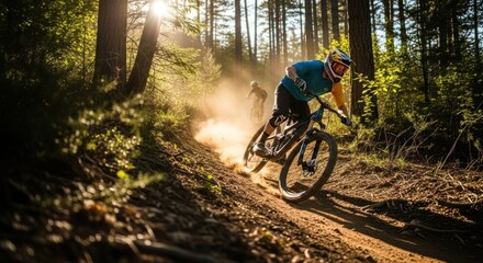 Naklejka premium Mountain biker speeds down dusty trail, sun flares through trees, action shot