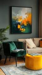 Vibrant abstract art transforms living space with bold yellow and deep teal hues, creating a modern and sophisticated interior design statement