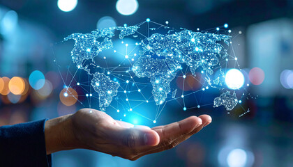Global Connectivity: A person's hand cradles a luminous digital globe, symbolizing interconnectedness and technological advancement.