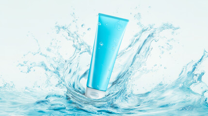 Blue cosmetic tube splashing into clear water on a white background.