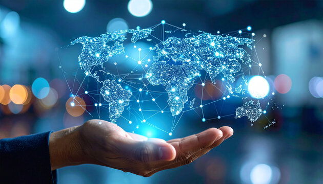 Global Connectivity: A person's hand cradles a luminous digital globe, symbolizing interconnectedness and technological advancement. - Powered by Adobe