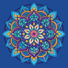 Intricate Mandala Design with Vibrant Blues Purples and Golds on Dark Blue
