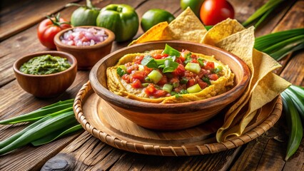 Nicaraguan Nacatamal: delicious, plated, rustic style, bright natural lighting, gourmet brunch presentation