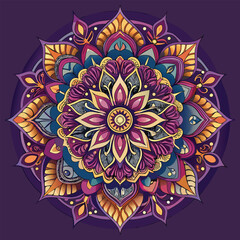 Intricate Mandala Design with Floral and Geometric Elements in Purple and Gold