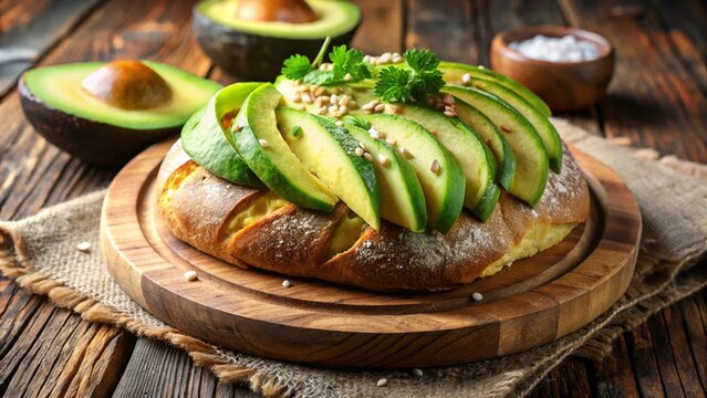 Chilean Pan Amasado with Avocado: delicious, plated, rustic style, bright natural lighting, gourmet brunch presentation