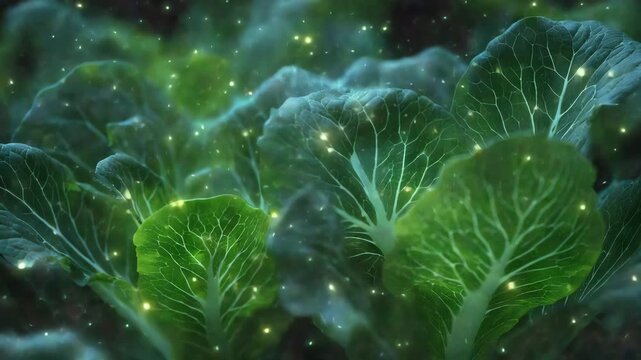 Green leafy plant with a glowing effect. The leaves are green and the stems are also green. close-up of lettuce leaves with highlighted pathogenic cells, dark dramatic tone, salmonella outbreak