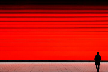 Person sprinting up a staircase against a vibrant red backdrop