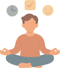 Meditation & Productivity Icons.Person meditating with floating icons like clock, task, and smiley.