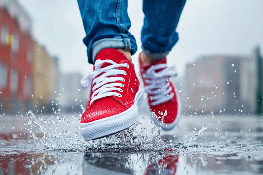 Person runs energetically through a puddle on a rainy day