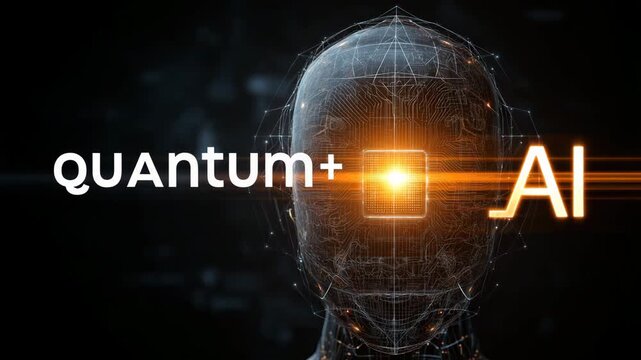Computer chip with the word AI on it. The chip is orange and yellow. clean infographic: "Quantum + AI" with simplified qbit and processor symbols, futuristic UI, quantum ai development