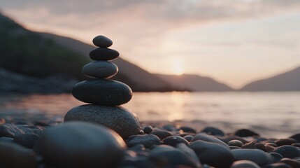 Stacked stones on a pebbled beach at sunset create a peaceful serene scene over a lake
