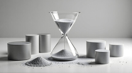 An hourglass with sand flowing, surrounded by abstract cylindrical shapes on a clean, grey background.
