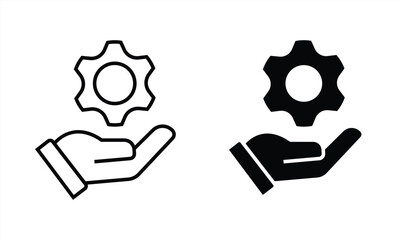 Gear icon set in hand. Service, support, instrument, wheel, machine, gear, symbol. Hand holding a gear coin. Vector illustration