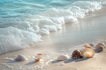 Seashells on beach sand with ocean waves summer vacation