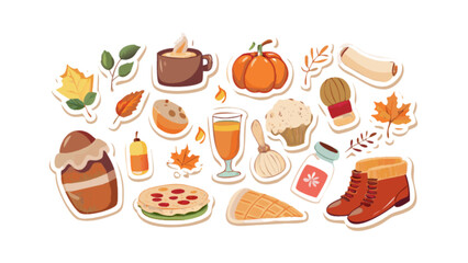 Autumn fall sticker collection with pumpkin spice latte leaves and boots for seasonal designs and crafts