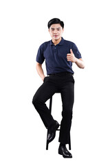 The Confident man: A poised individual is portrayed, exuding confidence and satisfaction in a formal dark outfit with a thumbs up sign on chair.