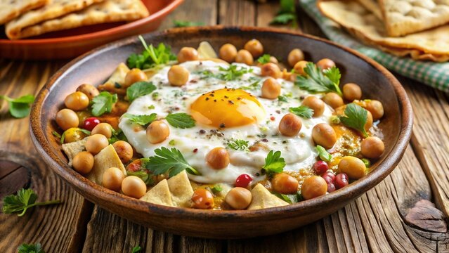 Syrian Fatteh with Egg &ndash; Chickpea-yogurt base &mdash; topped with egg and crispy bread.
