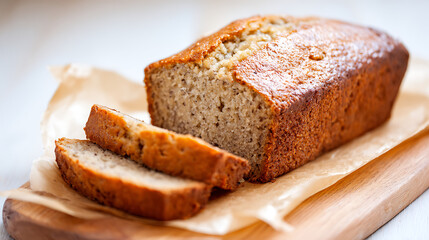 Golden brown banana bread loaf with sliced pieces on parchment paper baked