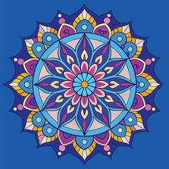 Intricate Mandala Design with Vibrant Blues Purples and Golds on Dark Blue
