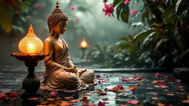 Buddha statue emerging from misty mountain landscape - Powered by Adobe