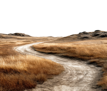 Winding dirt path through golden grasslands open landscape nature serene view isolated on transparent background