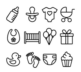 Baby Shower Celebration Line Icons Set, Stroller, Bottle, Bib, Gift Box, Balloons, Editable Formats: AI, EPS, JPG, PNG, Ideal for Both Digital and Print Use
