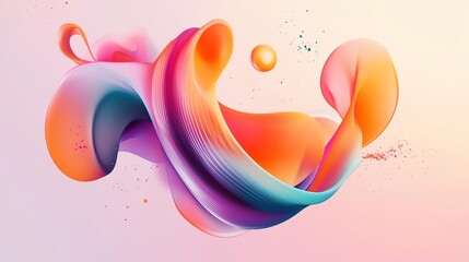 Abstract flowing shapes with gradient colors and a sphere on a light pink background