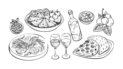 Delicious food and drink illustration featuring pizza pasta wine and fruit for restaurant menu design art 100