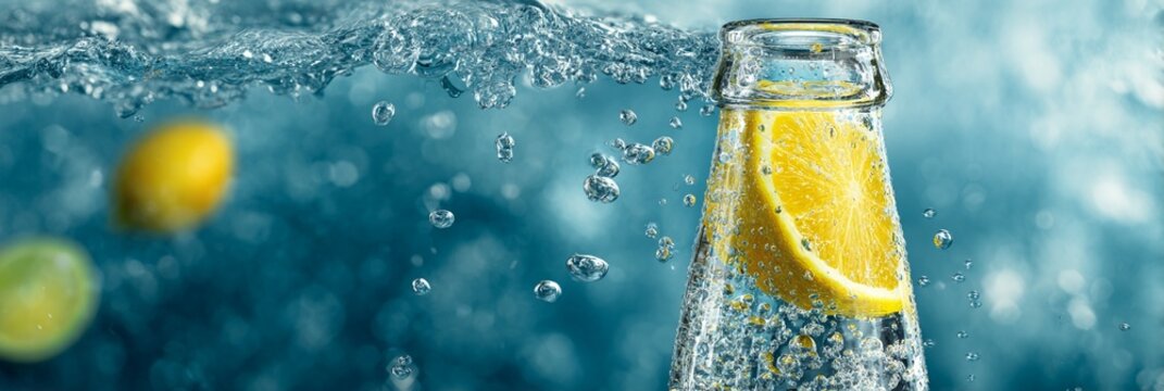 Refreshing lemon-infused sparkling water splash captures vibrant citrus slice suspended in dynamic, crystalline liquid droplets against cool blue background