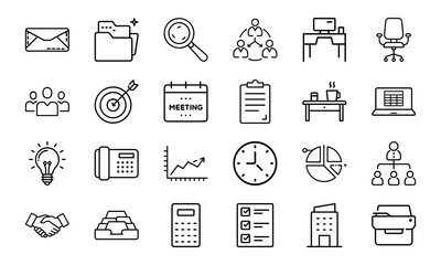Office and Business Icon Bundle 24 Line Style Work Icons Office Tools, Meeting, Chart, Communication, Desk, Team, Planning Icons 