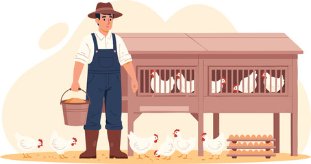 Farmer tending to his chickens in a coop, feeding them grain from a bucket.